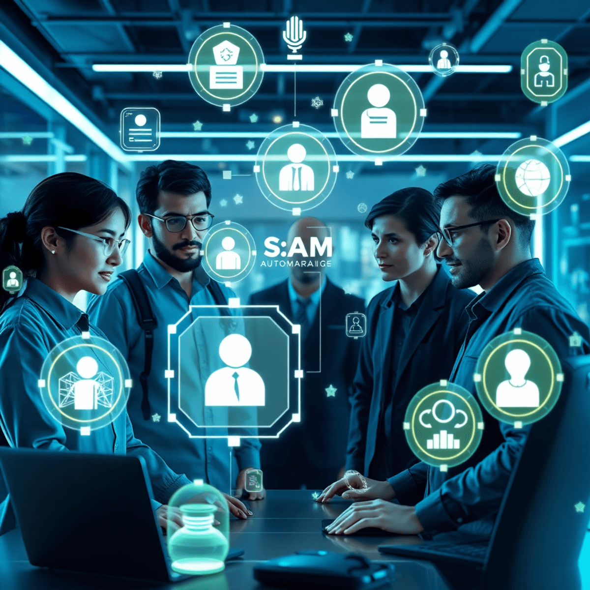 A futuristic workspace with engineers collaborating around holographic AI interfaces showing automation, job search symbols, and floating digital n...
