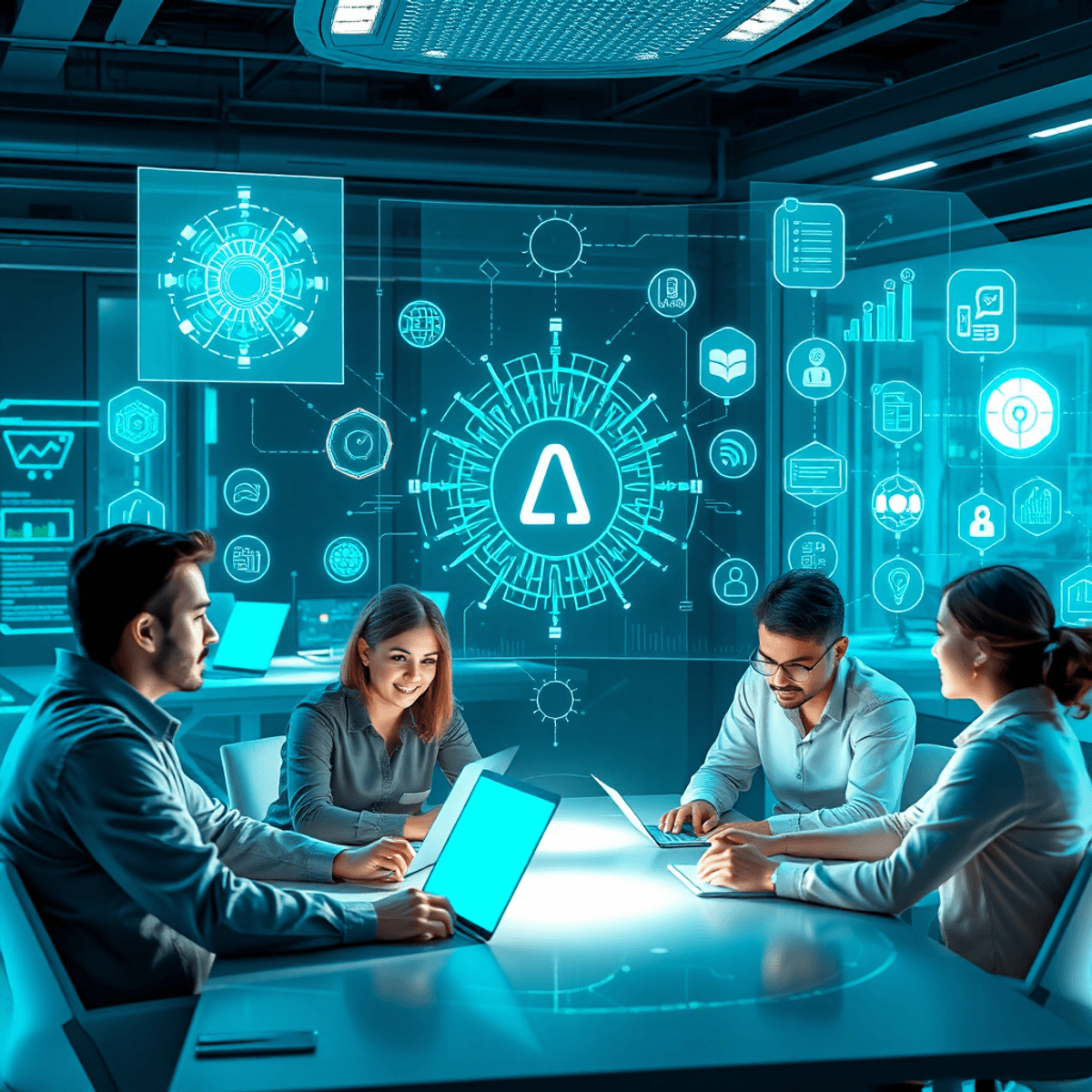 A futuristic workspace with engineers collaborating around holographic screens showing AI and coding symbols, surrounded by digital icons in a slee...