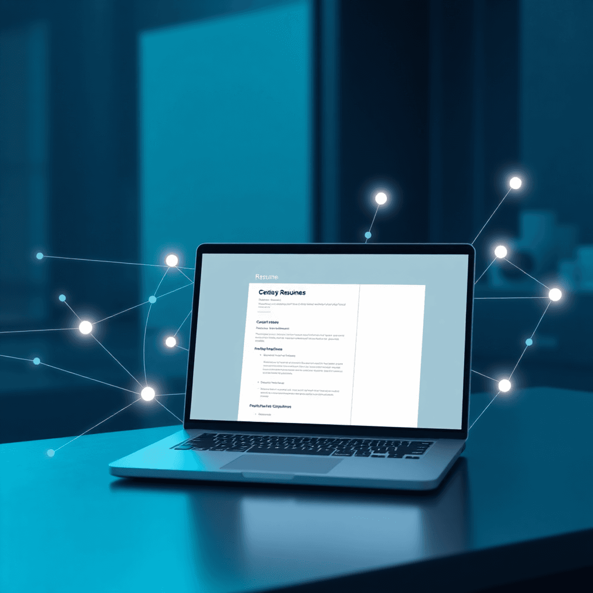 A modern workspace with a laptop showing a clean resume, surrounded by glowing lines and nodes symbolizing AI and data flow in a realistic style.
