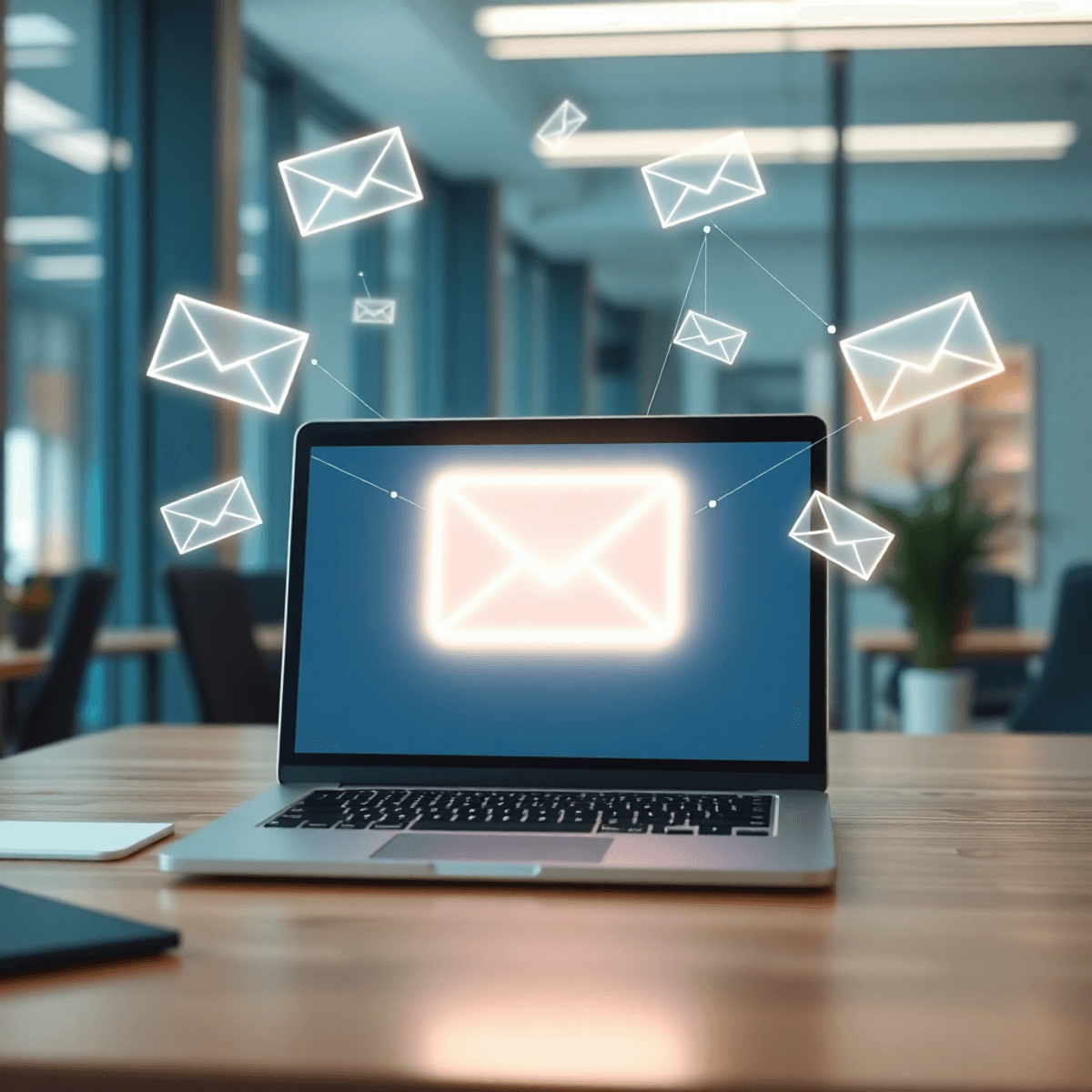 A modern workspace with a laptop showing a glowing abstract email icon, surrounded by floating envelopes and network lines symbolizing direct commu...