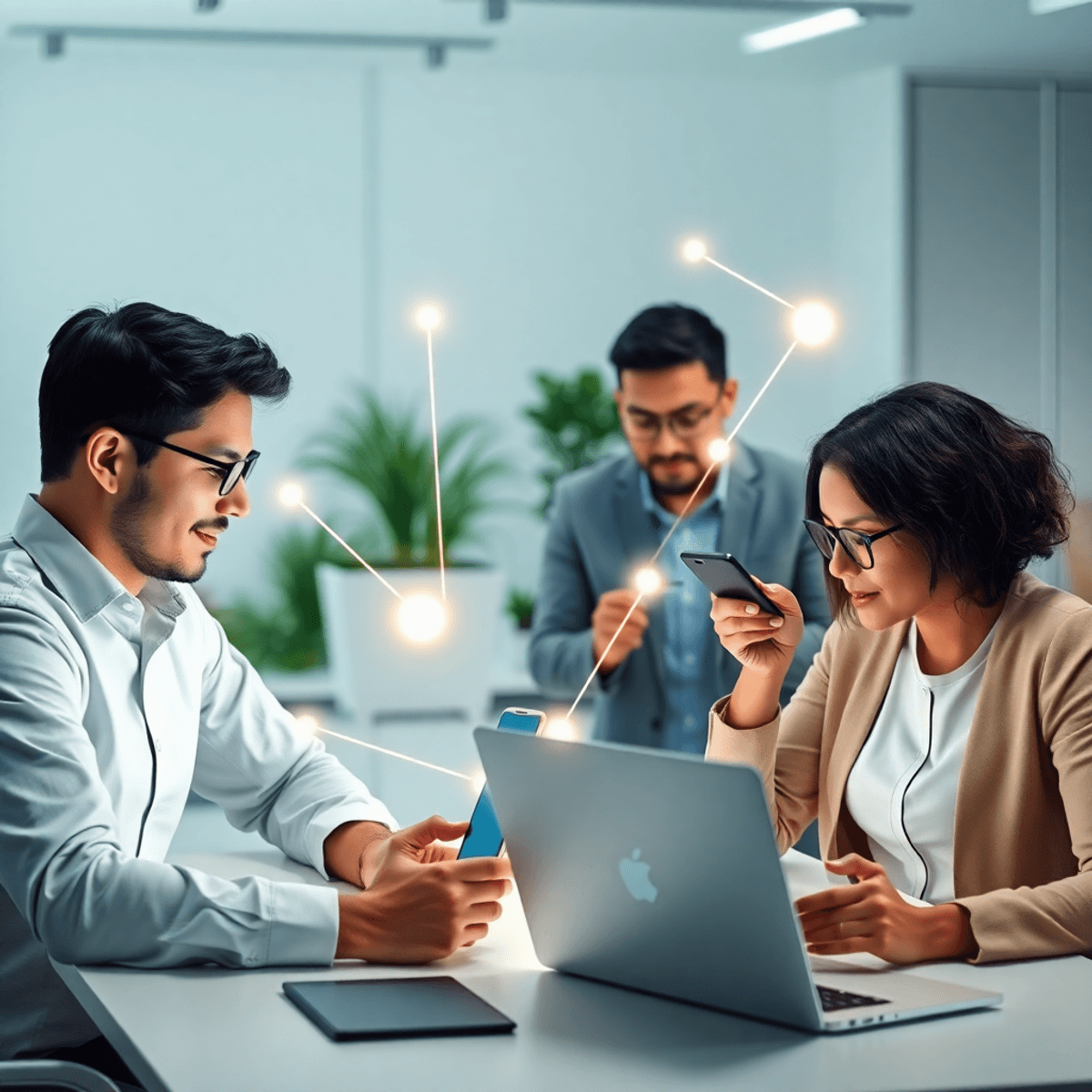 A modern workspace with job seekers using laptops and smartphones, connected by glowing lines symbolizing networking and recruiter outreach.