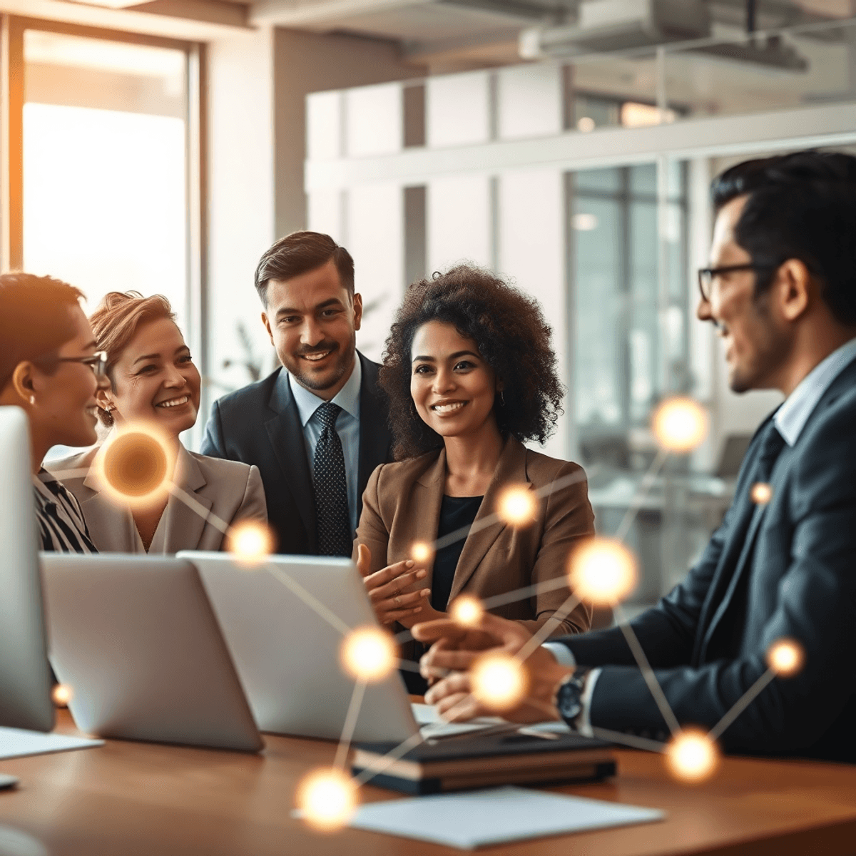 A modern workspace with professionals collaborating, connected by glowing network lines, warm lighting, and abstract tech-inspired shapes symbolizi...