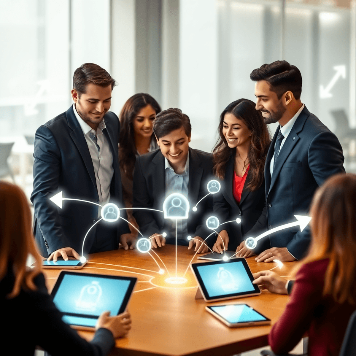A modern workspace with professionals collaborating around a table, digital devices show glowing network connections, bright arrows highlight direc...