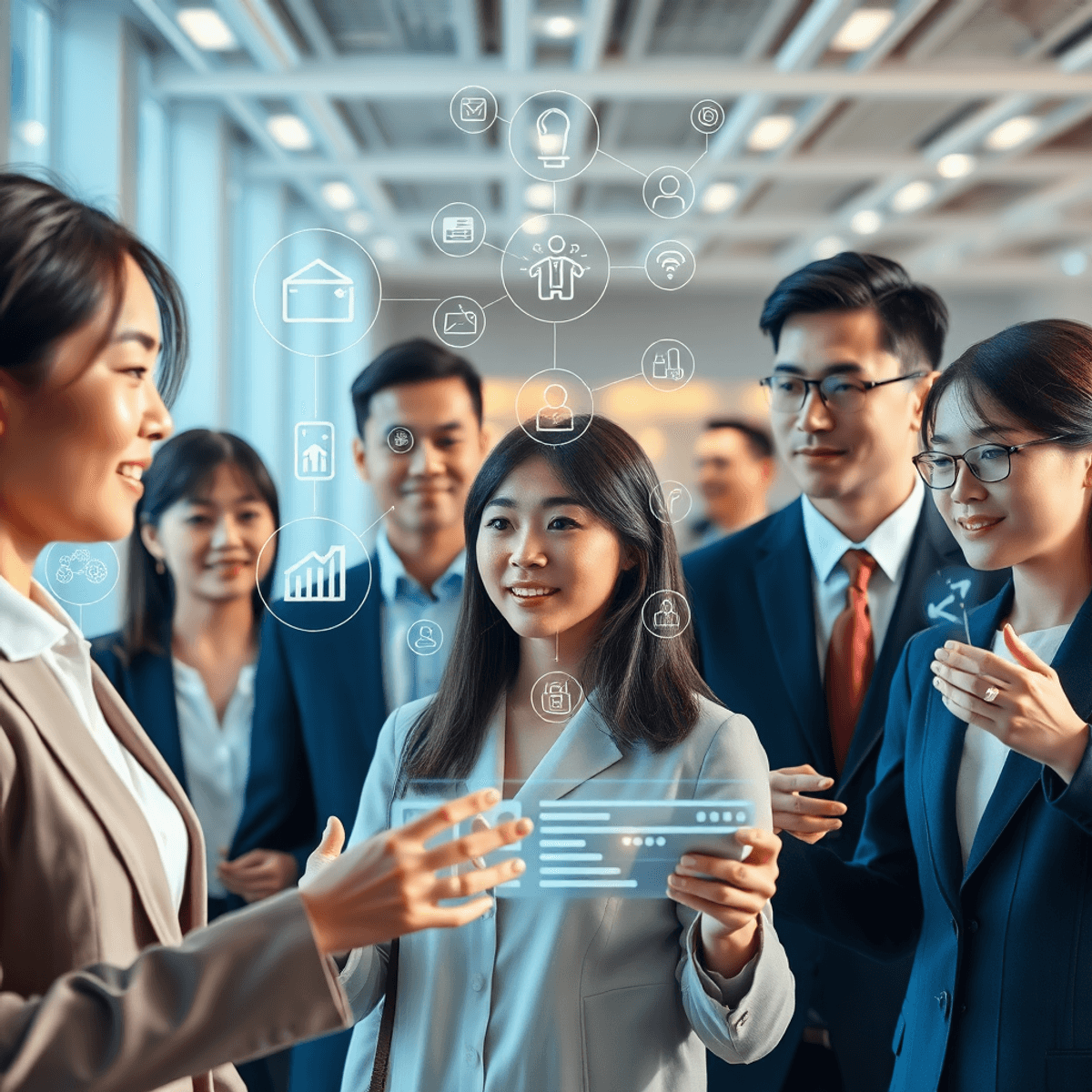 Futuristic office with professionals interacting with holographic job application and AI automation interfaces amid digital icons of efficiency and...