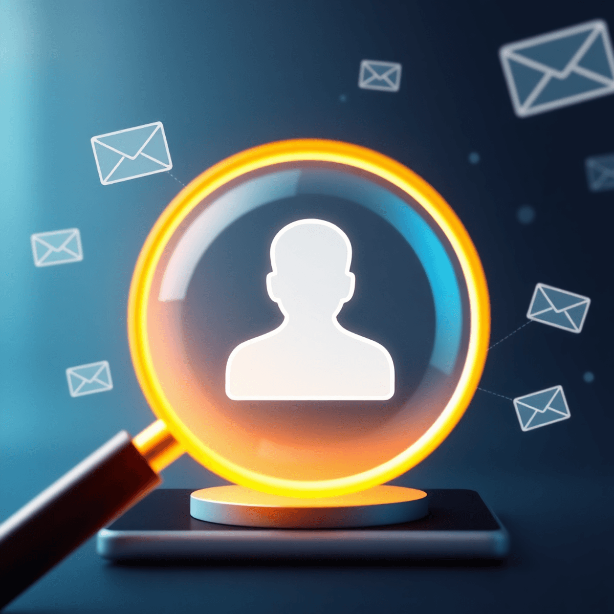 Glowing magnifying glass over a LinkedIn icon with floating email envelopes and network lines, representing online recruiter contact search.