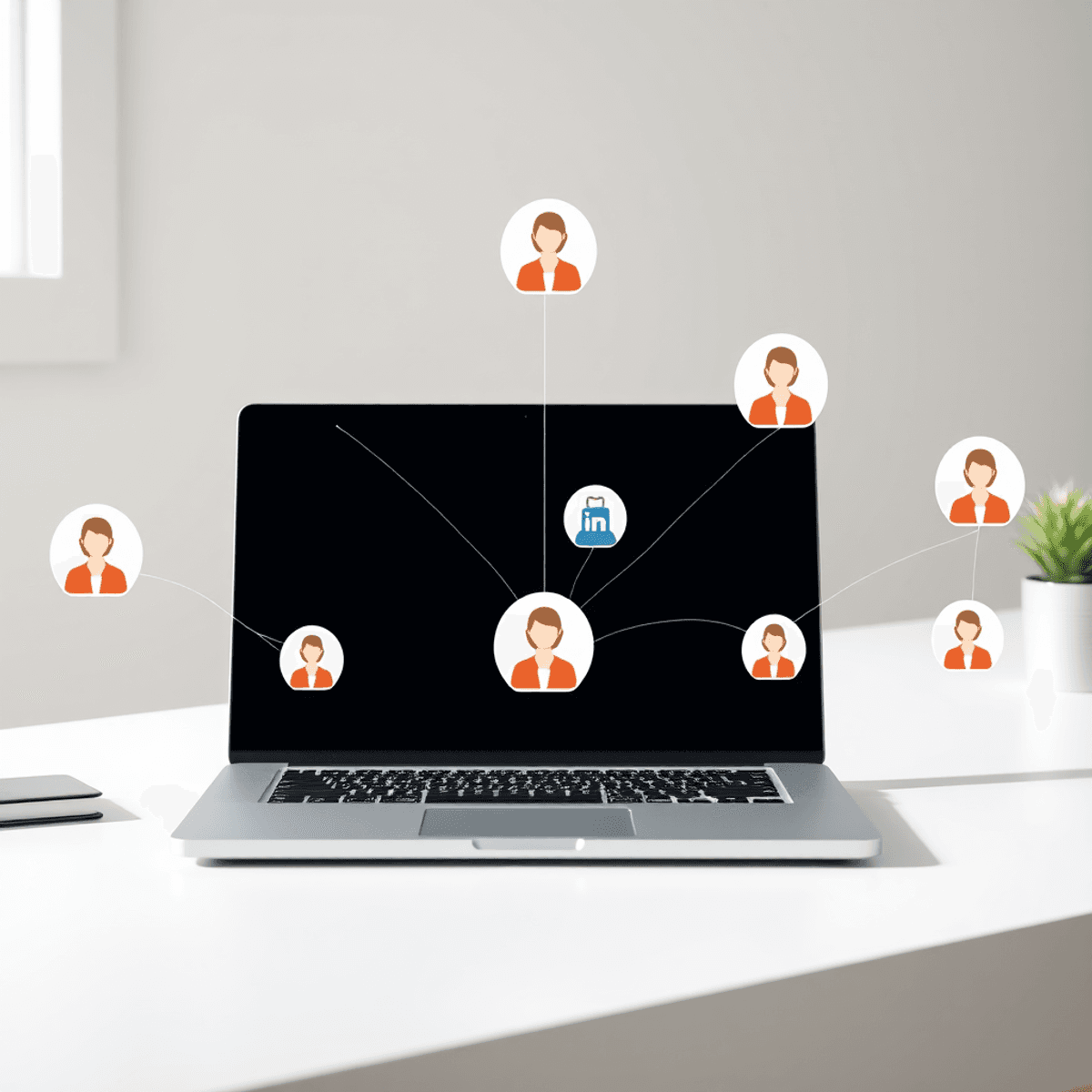 Laptop on a clean desk displaying LinkedIn profile icons connected by network lines to highlighted recruiter avatars, symbolizing personalized job ...