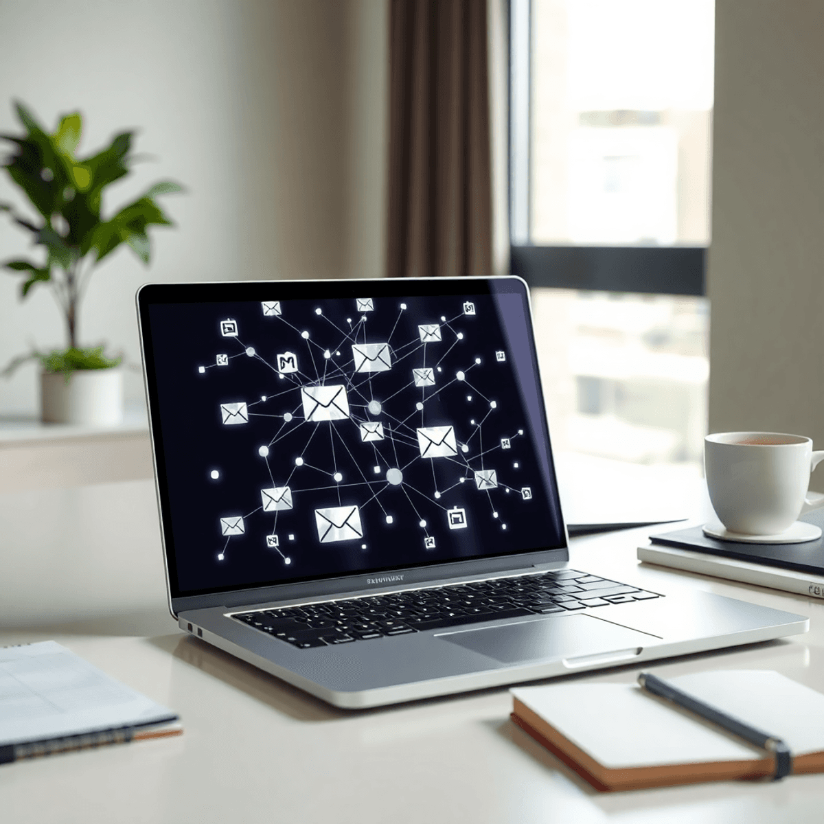 Laptop on a modern desk shows an abstract network of nodes and email icons, with a coffee cup and notebook nearby in soft natural light.