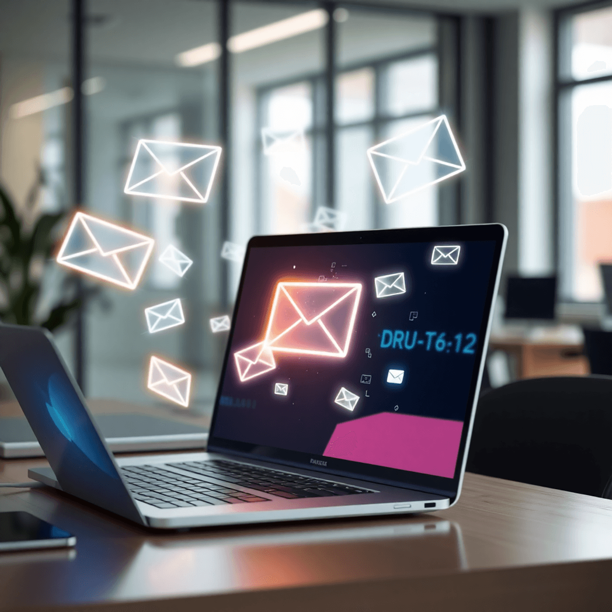 Laptop on desk showing abstract email interface with glowing envelopes, holographic data streams, and AI graphics in a modern office with natural l...