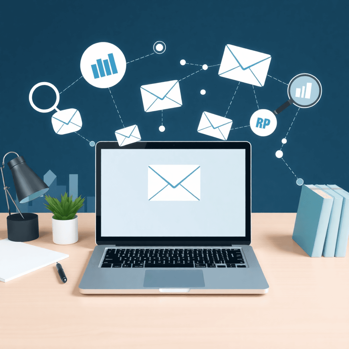 Laptop on desk with floating email icons, magnifying glass, company buildings, and network nodes symbolizing contact discovery and connectivity.