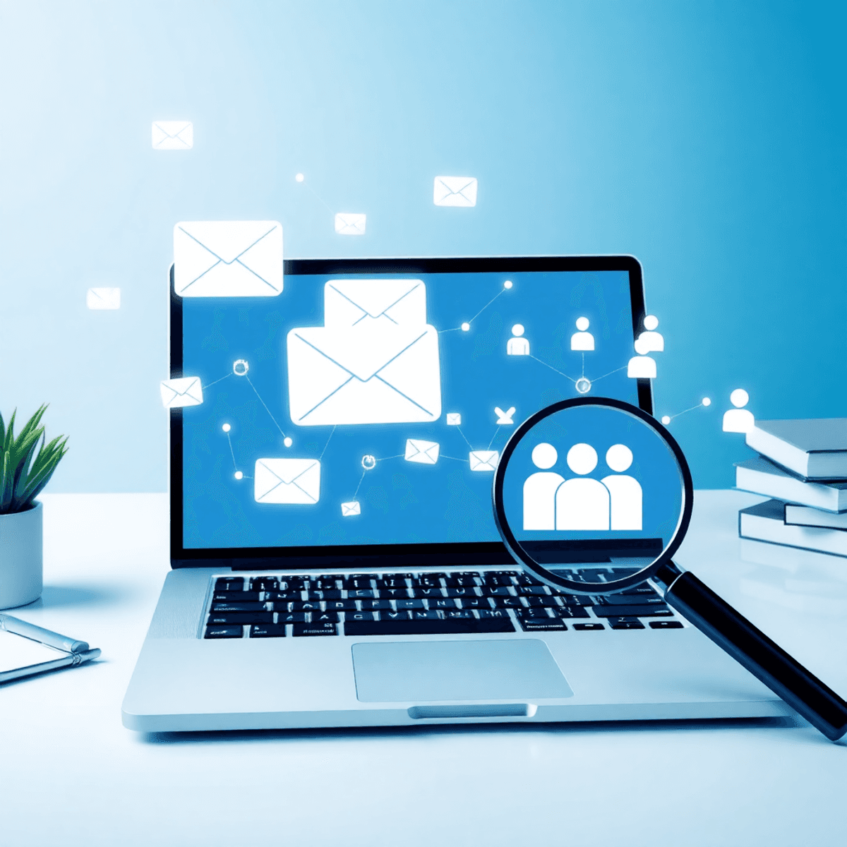 Laptop showing AI email icons and connection lines, with a magnifying glass over network icons on a clean, modern blue and white workspace.