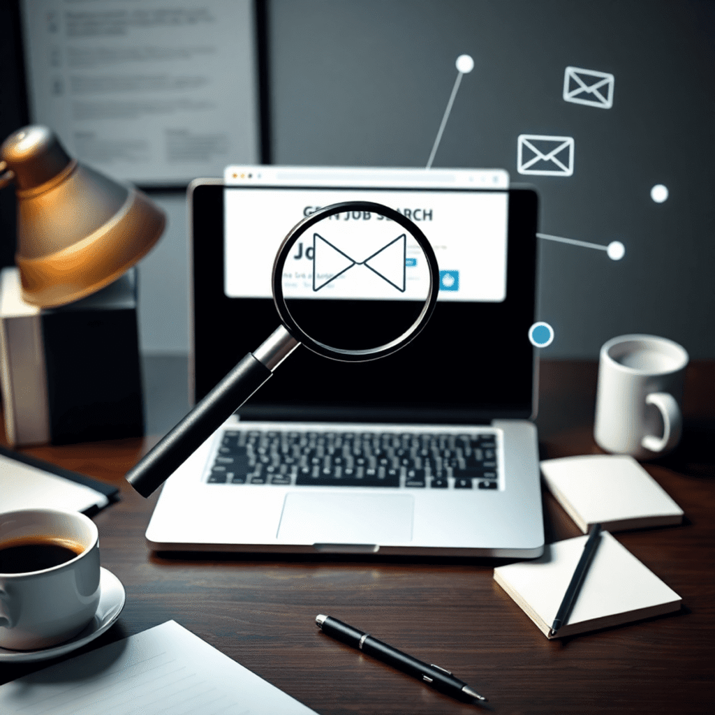 Laptop showing job search site, magnifying glass over email icon, digital network lines, coffee cup and notepad in a professional workspace.