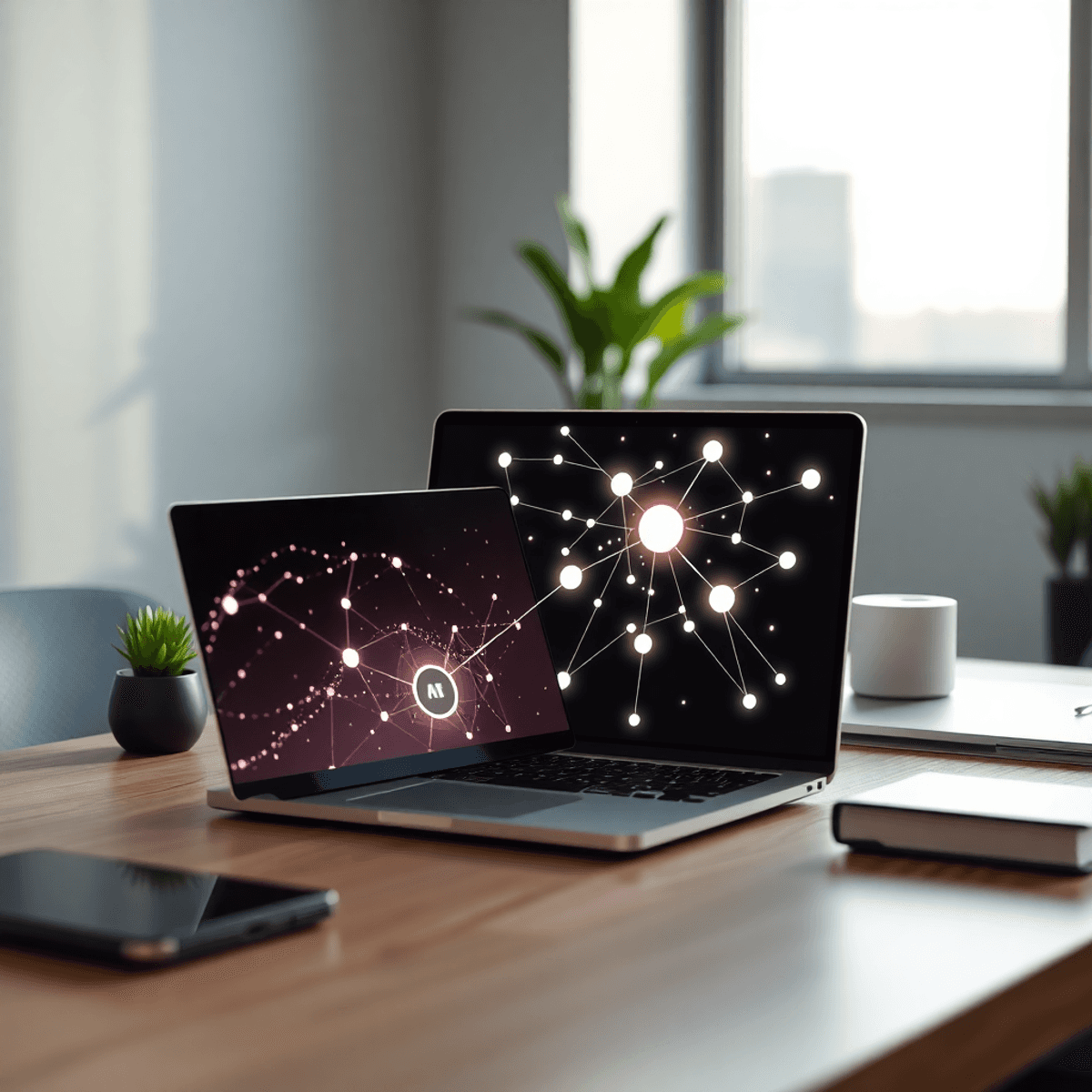 Modern workspace with laptop showing abstract digital network, soft natural light, and subtle futuristic AI elements, no people present.