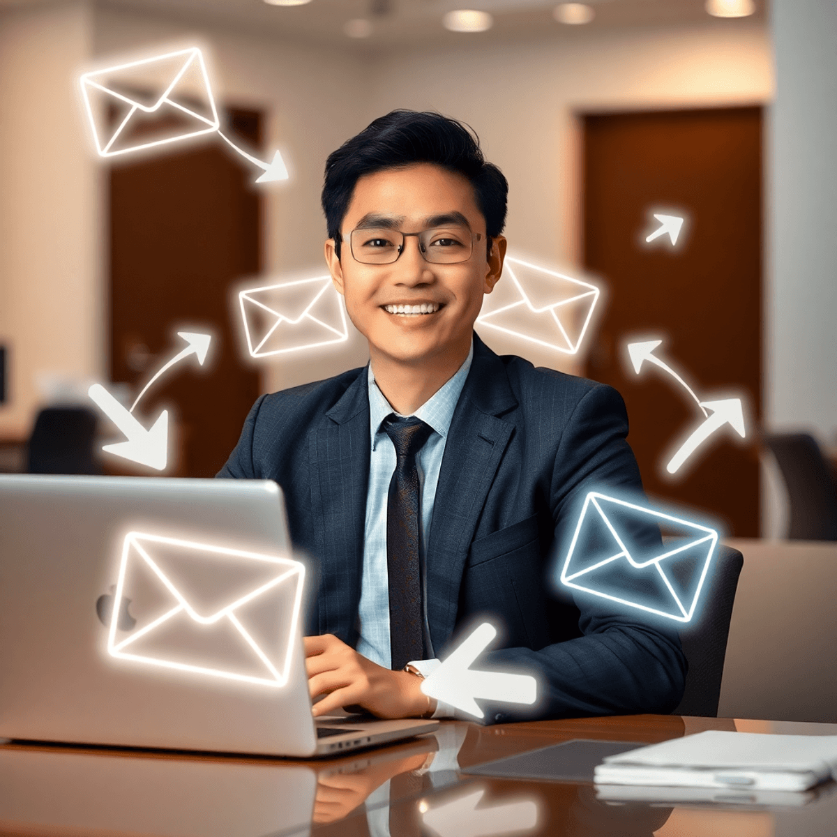 Young professional at desk with laptop, surrounded by glowing envelopes and arrows, symbolizing direct email communication in an office setting.